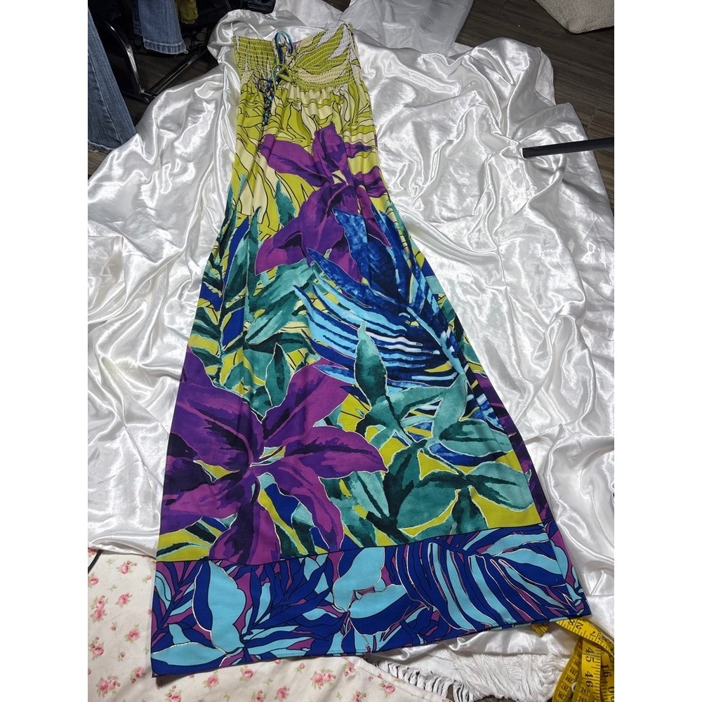 y2k tropical Cache Maxi Dress Green Excellent Beaded Halter Smocked Floral - Picture 5 of 8